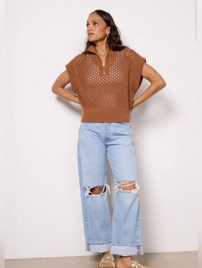 Varley Women's Gaines Half Zip Knit Sweater XL Rawhide Brown Relaxed